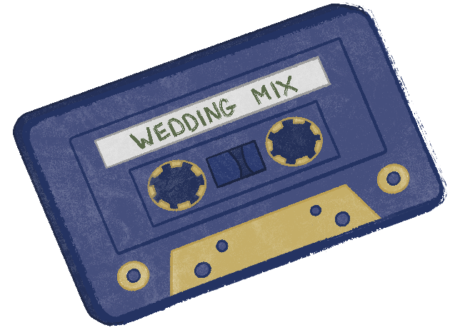 blue and gold cassette tape labeled as wedding mix